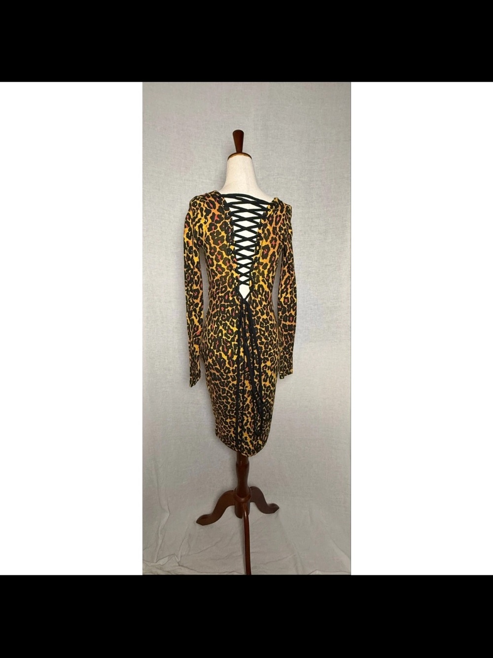 Vintage Y2K Betsey Johnson Leopard Print Bodycon Dress Lace-Up Back XS